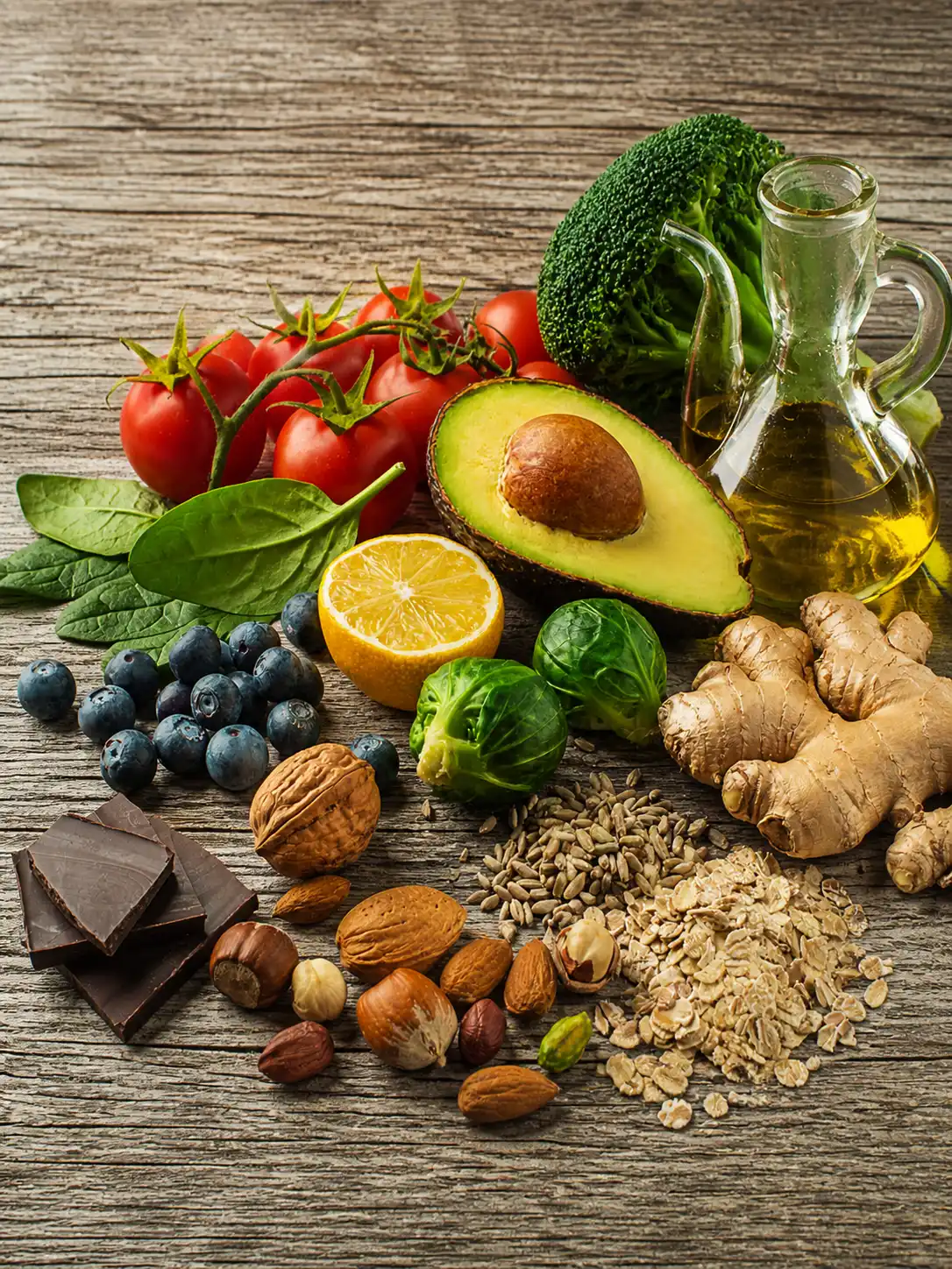 Gesunde Lebensmittel wie Avocado, Tomaten, Brokkoli, Ingwer, Nüsse, Haferflocken, Zitrone, Spinat und dunkle Schokolade auf